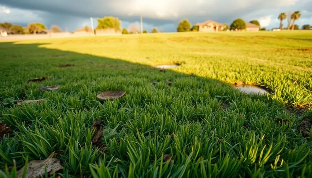A lush, vibrant lawn with patches of discoloration, dead grass, and fungal growth. In the foreground, close-up shots showcase the textural details - matted, soggy grass blades, spongy soil, and telltale signs of lawn diseases like brown patch, rust, or dollar spot. The middle ground reveals the larger landscape, with uneven, patchy turf and puddles dotting the uneven terrain. Dramatic lighting casts long shadows, creating a moody, ominous atmosphere that underscores the risks of mowing wet, compromised grass. The background hints at the looming storm clouds, further emphasizing the hazardous conditions. Captured with a wide-angle lens to provide a comprehensive, documentary-style view of the lawn disease risks.