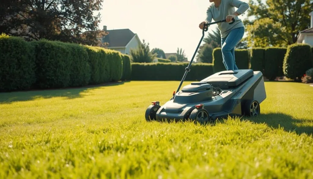 A lush, well-manicured lawn under a bright, mid-morning sun. A person in casual attire, their face focused and attentive, meticulously maneuvering a modern, self-propelled lawn mower through the damp, verdant grass. The mower's blades spin with precision, leaving behind a neat, striped pattern. In the background, a picturesque suburban setting with neatly trimmed hedges and a clear, cloudless sky. The scene exudes a sense of order, control, and the satisfaction of a job well done, capturing the essence of A lush, well-manicured lawn under a bright, mid-morning sun. A person in casual attire, their face focused and attentive, meticulously maneuvering a modern, self-propelled lawn mower through the damp, verdant grass. The mower's blades spin with precision, leaving behind a neat, striped pattern. In the background, a picturesque suburban setting with neatly trimmed hedges and a clear, cloudless sky. The scene exudes a sense of order, control, and the satisfaction of a job well done, capturing the essence of