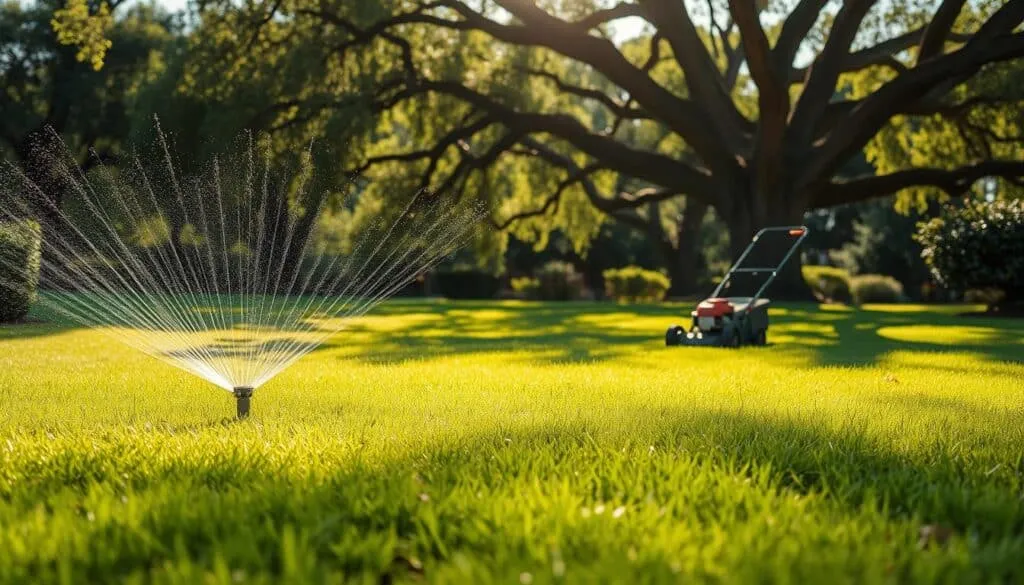 A manicured lawn, freshly mowed, glistens under the warm afternoon sun. In the foreground, a sprinkler system sprays a gentle arc of water, nourishing the vibrant green grass. In the middle ground, a push mower stands at the ready, its blades recently sharpened. In the background, towering oak trees cast a gentle, dappled shade over the scene. The air is filled with the earthy scent of freshly cut grass, and a sense of tranquility pervades the setting. A serene, well-maintained lawn, ready for the next phase of its lifecycle. A manicured lawn, freshly mowed, glistens under the warm afternoon sun. In the foreground, a sprinkler system sprays a gentle arc of water, nourishing the vibrant green grass. In the middle ground, a push mower stands at the ready, its blades recently sharpened. In the background, towering oak trees cast a gentle, dappled shade over the scene. The air is filled with the earthy scent of freshly cut grass, and a sense of tranquility pervades the setting. A serene, well-maintained lawn, ready for the next phase of its lifecycle.
