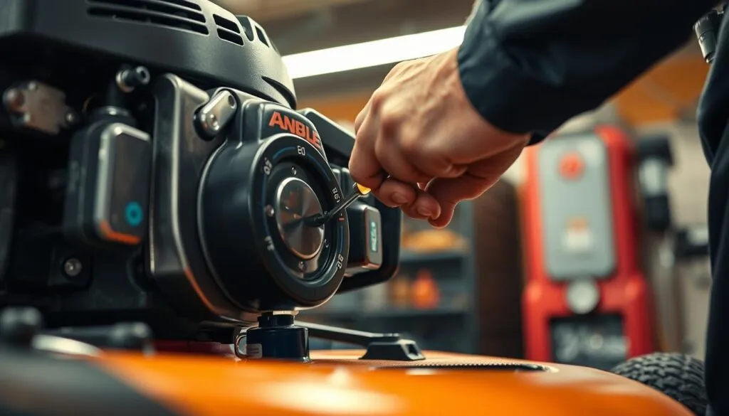 A mechanic in a well-lit workshop carefully inspects the dipstick of a lawn mower engine. The engine's metal components gleam under the warm, directional lighting. The mechanic holds the dipstick at eye level, intently examining the oil level indicated on the markings. Their hand is steady, their focus unwavering, as they ensure the oil is at the optimal level for the lawn mower's peak performance and longevity. The workshop's clean, organized atmosphere underscores the importance of this routine maintenance practice for maintaining the engine's health.