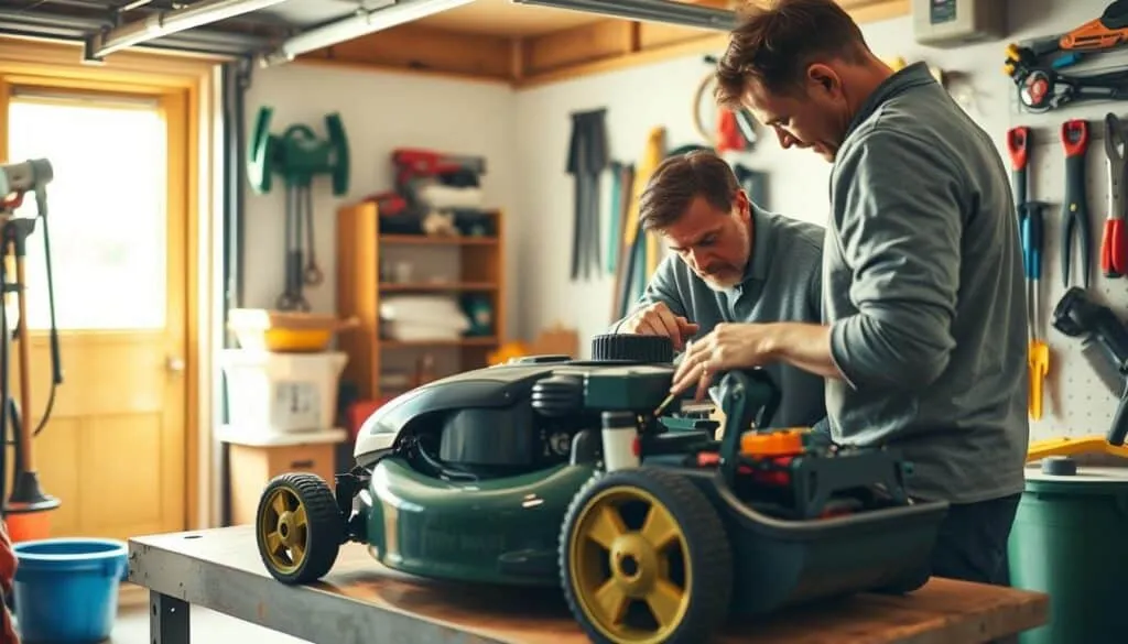 A neatly organized garage workspace, illuminated by warm, natural lighting. In the foreground, a well-maintained lawn mower rests on a sturdy workbench. The owner carefully inspects the engine compartment, checking the oil level with a dipstick, their face reflecting deep concentration. In the background, various gardening tools and equipment are neatly arranged, hinting at the diligence and attention to detail of the homeowner. The atmosphere is one of quiet, focused problem-solving, reflecting the troubleshooting process at the heart of the article's subject.