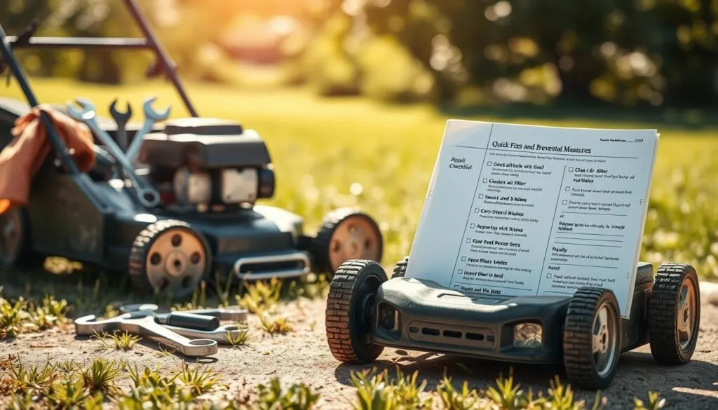 A neatly organized lawn mower maintenance checklist, set against a bright, sun-dappled backdrop. In the foreground, a well-worn but sturdy lawn mower takes center stage, its metal components gleaming. Beside it, a toolbox filled with essential repair tools - wrenches, pliers, and a clean rag. In the middle ground, the checklist itself, its pages spread open, revealing a detailed outline of essential maintenance tasks: check oil level, clean air filter, sharpen blades, inspect belts and hoses. The overall scene conveys a sense of proactive care and attention to detail, perfectly suited to illustrate the 