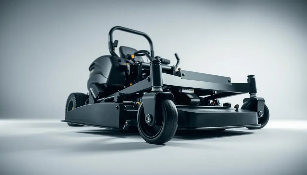 A professional-grade mower deck, meticulously captured from multiple angles under crisp studio lighting. The deck's sturdy build and intricate mechanisms are showcased, inviting closer inspection. In the foreground, a set of compatible connectors and attachment points stands out, highlighting the deck's versatility. The middle ground reveals the deck's sleek design, with clean lines and a polished finish. In the background, a minimalist backdrop allows the subject to take center stage, emphasizing its technical prowess. The overall atmosphere conveys a sense of precision, functionality, and the importance of ensuring proper mower deck compatibility.