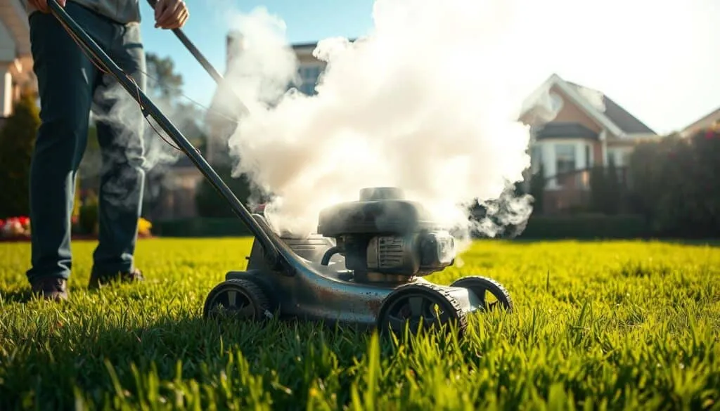 A push lawn mower enveloped in a plume of white smoke, its engine laboring under the strain. The mower's blades churn through the lush green grass, creating a stark contrast against the billowing haze. Afternoon sunlight filters through the smoky atmosphere, casting warm, diffused tones across the scene. The mower's metal chassis gleams with a weathered patina, hinting at years of hard work. The operator's hands grip the handles, their expression one of concern as they survey the issue. The surrounding landscape is a picturesque suburban yard, with well-manicured flower beds and a neatly trimmed hedge lining the edges. This image captures the essence of a common lawn care problem, inviting the viewer to investigate the causes and solutions.