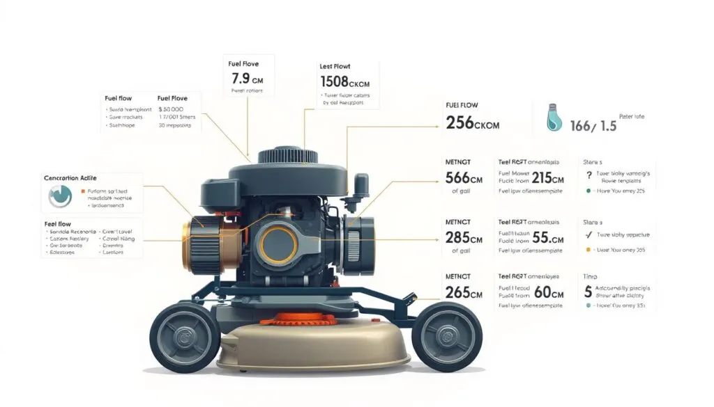 A realistic, technical illustration of fuel consumption rates in a lawn mower engine. Detailed cross-section view of the engine, with precise diagrams and metrics displaying fuel flow, consumption, and efficiency. Utilizes a crisp, technical illustration style with clean lines, muted colors, and accurate engineering details. The scene is set against a plain, neutral background to maintain focus on the informative visuals. Lighting is bright and evenly distributed, with a slight technical/industrial mood. Camera angle is a frontal, slightly elevated view to clearly showcase the engine components and data visualizations.