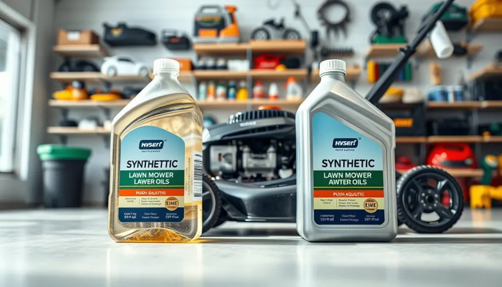 A side-by-side comparison of synthetic and conventional lawn mower oils in a well-lit, clean workshop setting. In the foreground, two transparent bottles filled with the respective oils are prominently displayed, their labels clearly visible. In the middle ground, a high-quality push lawn mower is positioned, its engine exposed, showcasing the importance of using the right oil for optimal performance. The background features a wall of shelves stocked with various automotive and gardening supplies, creating a professional and informative atmosphere. Crisp focus, neutral color palette, and natural lighting convey a sense of authority and attention to detail.