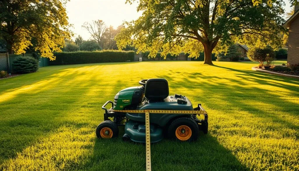 A sprawling backyard with a meticulously manicured lawn, bathed in warm, golden sunlight. In the foreground, a ride-on lawn mower, its cutting deck prominently displayed, inviting the viewer to consider its width and how it would navigate the expanse of grass. In the middle ground, a tape measure unfurls, its increments clearly visible, providing a tangible scale for the mower's dimensions. The background features lush, verdant trees swaying gently in a light breeze, creating a serene and tranquil atmosphere. The scene conveys the importance of selecting the appropriate mower width to efficiently manage the size and contours of one's lawn, a crucial aspect of lawn care.