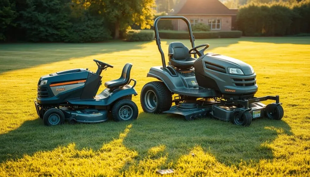 A sprawling lawn with a riding mower and a push mower parked side by side, illuminated by warm afternoon sunlight. The riding mower, larger and more powerful, stands in contrast to the compact, maneuverable push mower. The scene captures the essence of the comparison, with the vehicles reflecting their respective fuel consumption characteristics. Detailed textures, such as the gleaming metal bodies, rugged tires, and well-manicured grass, add depth and realism. The composition emphasizes the scale and capabilities of each mower, inviting the viewer to imagine their practical applications and operational costs.