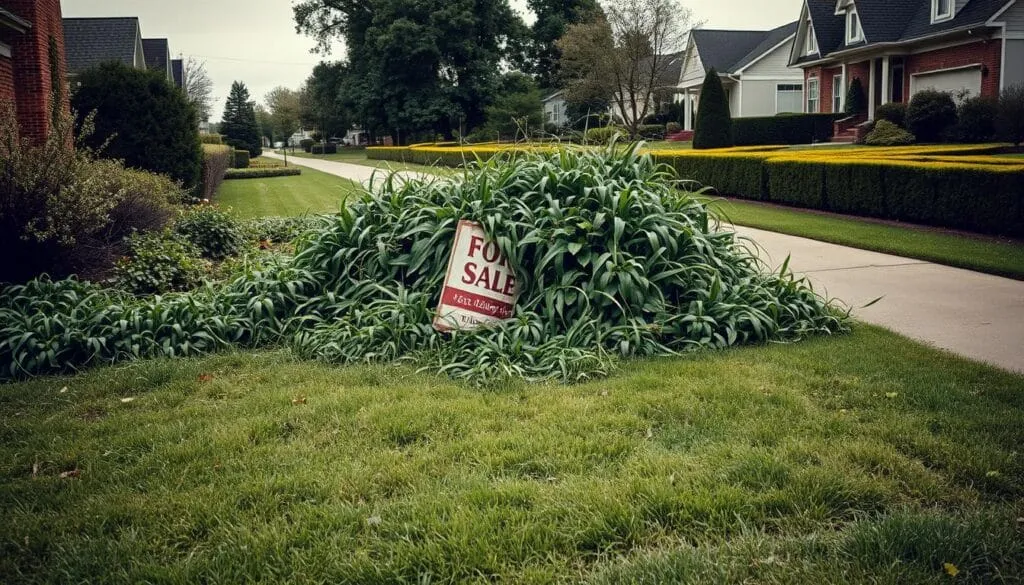 A sprawling, overgrown lawn, lush with untamed grass and weeds, dominates the foreground. Tangled foliage spills over the property's edges, encroaching onto the sidewalk. In the middle ground, a weathered A sprawling, overgrown lawn, lush with untamed grass and weeds, dominates the foreground. Tangled foliage spills over the property's edges, encroaching onto the sidewalk. In the middle ground, a weathered