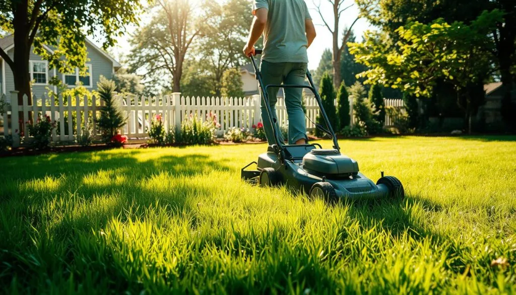 A sun-dappled backyard, the lush grass still wet from a recent shower. In the foreground, a person in casual attire skillfully navigates a lawn mower, expertly managing the fresh grass clippings. The mower's blades effortlessly cut through the damp greenery, leaving behind a neatly manicured path. The middle ground reveals a well-tended garden, its vibrant hues complementing the verdant lawn. In the background, a picket fence and a row of mature trees provide a sense of tranquility and seclusion, creating an idyllic suburban scene. Soft, natural lighting casts a warm glow, enhancing the serene atmosphere and the satisfying task of maintaining a healthy, thriving lawn. A sun-dappled backyard, the lush grass still wet from a recent shower. In the foreground, a person in casual attire skillfully navigates a lawn mower, expertly managing the fresh grass clippings. The mower's blades effortlessly cut through the damp greenery, leaving behind a neatly manicured path. The middle ground reveals a well-tended garden, its vibrant hues complementing the verdant lawn. In the background, a picket fence and a row of mature trees provide a sense of tranquility and seclusion, creating an idyllic suburban scene. Soft, natural lighting casts a warm glow, enhancing the serene atmosphere and the satisfying task of maintaining a healthy, thriving lawn.