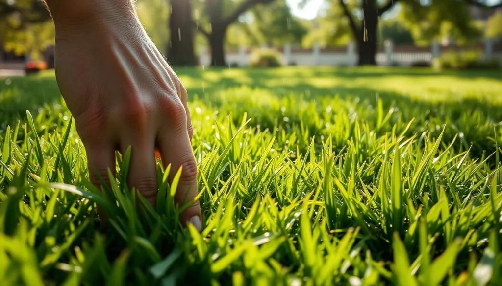 A sun-dappled lawn, freshly dampened by a gentle rain shower. Close-up view of a hand pressing into the lush, emerald grass, testing the soil's moisture level. Vibrant blades spring back, indicating the optimal mowing time has arrived. Dappled light filters through nearby trees, casting warm, natural shadows across the scene. The air is crisp and earthy, hinting at the verdant growth to come. Shallow depth of field focuses attention on the tactile experience of assessing lawn readiness after the rain, conveying the importance of timing for ideal mowing conditions.