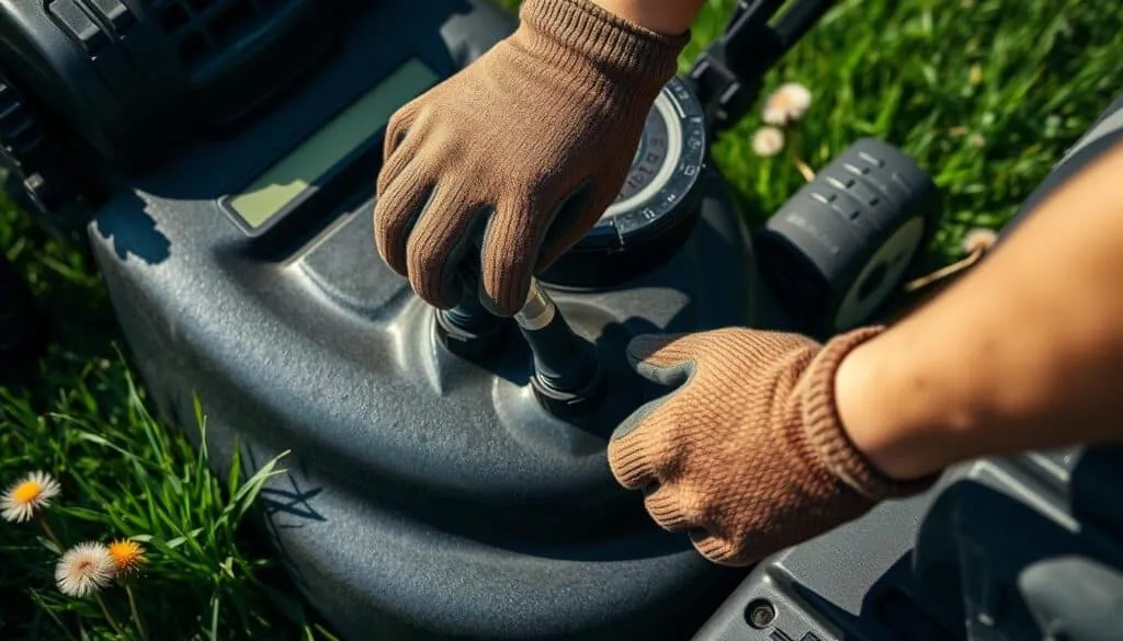 A well-lit close-up of a person's hands checking the oil level on a lawn mower. The mower is sitting on a lush green lawn, with a few scattered dandelions in the background. The person is wearing work gloves and has a focused, intent expression as they carefully pull out the dipstick and examine the oil level. The lighting is natural, with soft shadows and highlights that accentuate the textures of the mower and the person's hands. The overall scene conveys a sense of routine maintenance and care for one's outdoor equipment.