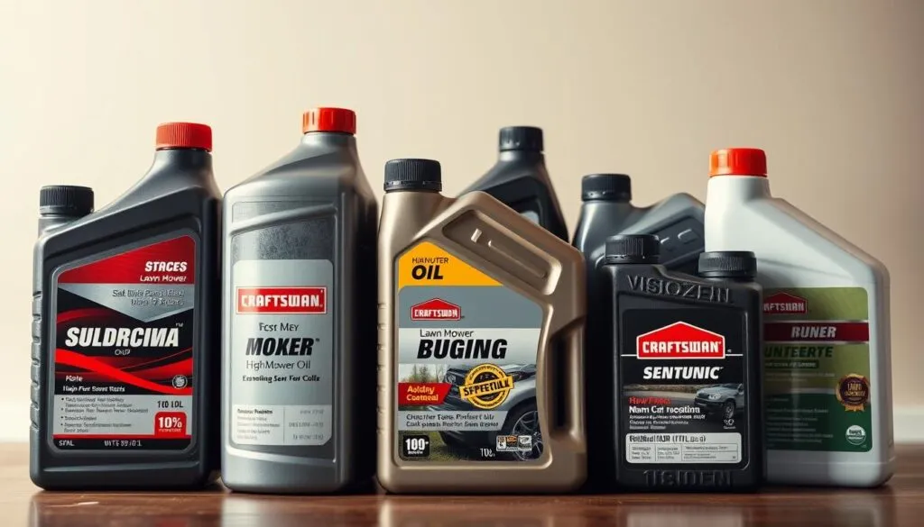 A well-lit, close-up photograph of various types of lawn mower oil bottles and containers, including synthetic, conventional, and high-performance formulas, arranged neatly on a clean, neutral background. The bottles should be presented in a visually appealing, organized manner, showcasing their labels, viscosities, and other key information. The image should have a sharp focus, crisp details, and a slightly warm, natural lighting to convey a sense of professionalism and expertise, suitable for an informative article on Craftsman lawn mower maintenance.