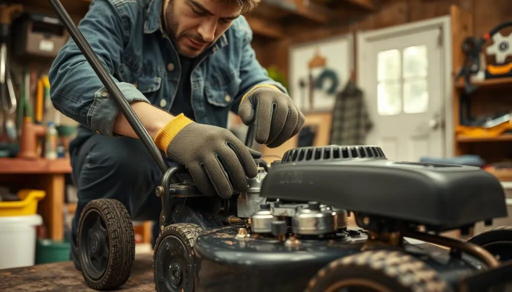 A well-lit, close-up shot of a person in a denim jacket and work gloves, carefully inspecting and cleaning the various components of a lawnmower on a workbench. In the background, a shed or garage with various gardening tools and supplies. The expression on the person's face conveys focus and attention to detail as they ensure the lawnmower is in proper working order, ready for safe and efficient use. The image has a sense of order and organization, reflecting the care and preparation required for responsible lawn maintenance.
