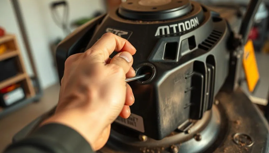 A well-lit, close-up shot of a person's hand checking the oil level in a lawn mower's dipstick. The mower engine is visible in the background, with a clean and organized garage setting. The lighting is warm and natural, creating a clear and focused image. The person's fingers are gently gripping the dipstick, carefully inspecting the oil level. The scene conveys a sense of routine maintenance, emphasizing the importance of regularly checking and changing lawn mower oil for optimal performance and longevity. A well-lit, close-up shot of a person's hand checking the oil level in a lawn mower's dipstick. The mower engine is visible in the background, with a clean and organized garage setting. The lighting is warm and natural, creating a clear and focused image. The person's fingers are gently gripping the dipstick, carefully inspecting the oil level. The scene conveys a sense of routine maintenance, emphasizing the importance of regularly checking and changing lawn mower oil for optimal performance and longevity.