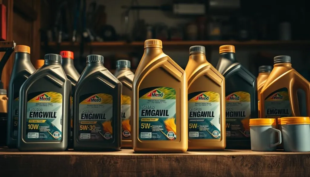 A well-lit, close-up shot of various engine oil bottles and containers neatly arranged on a wooden workbench. The bottles feature different viscosity grades and oil types, such as 10W-30, 5W-30, and synthetic blends. The lighting creates warm, soft shadows, highlighting the textured surfaces and reflective labels. The composition draws the viewer's eye to the center, where a few selected oil bottles are prominently displayed, inviting the viewer to closely inspect and compare the options. The overall mood is one of thoughtful consideration, guiding the viewer towards making an informed decision on the right oil type for their lawn mower.