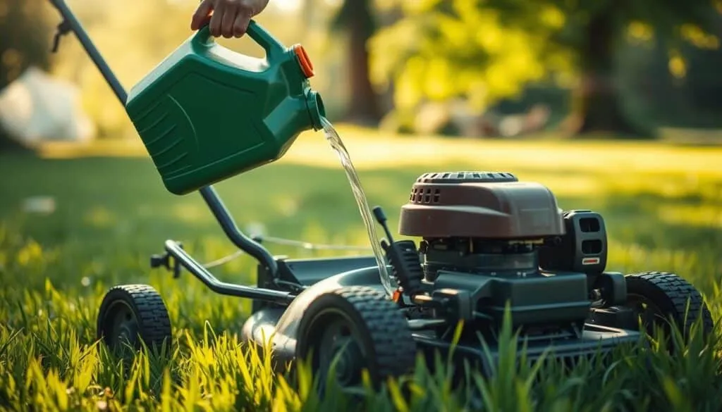 A well-lit closeup of a gasoline canister being poured into the fuel tank of a classic lawn mower, showcasing the process of refueling the machine. The mower is situated in a lush green lawn, with sunlight filtering through trees in the background, creating a warm, natural atmosphere. The image captures the essential steps involved in maintaining a lawn mower, with attention to the fuel requirements and the importance of using the appropriate fuel type for optimal performance.