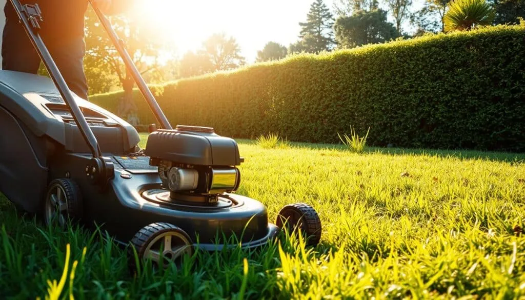 A well-lit garden scene, the sun's golden rays filtering through lush greenery. In the foreground, a sturdy lawn mower stands ready, its blades gleaming, freshly sharpened and oiled. The operator's hands carefully inspect the machine, ensuring it is in optimal working condition before the first lawn cut of the season. In the middle ground, a lush, recently seeded lawn awaits its inaugural trim, the blades of grass standing tall and vibrant. The background features a neatly trimmed hedge, its pristine edges framing the scene, conveying a sense of order and attention to detail. The overall mood is one of anticipation and preparation, a prelude to the verdant, well-manicured lawn to come.
