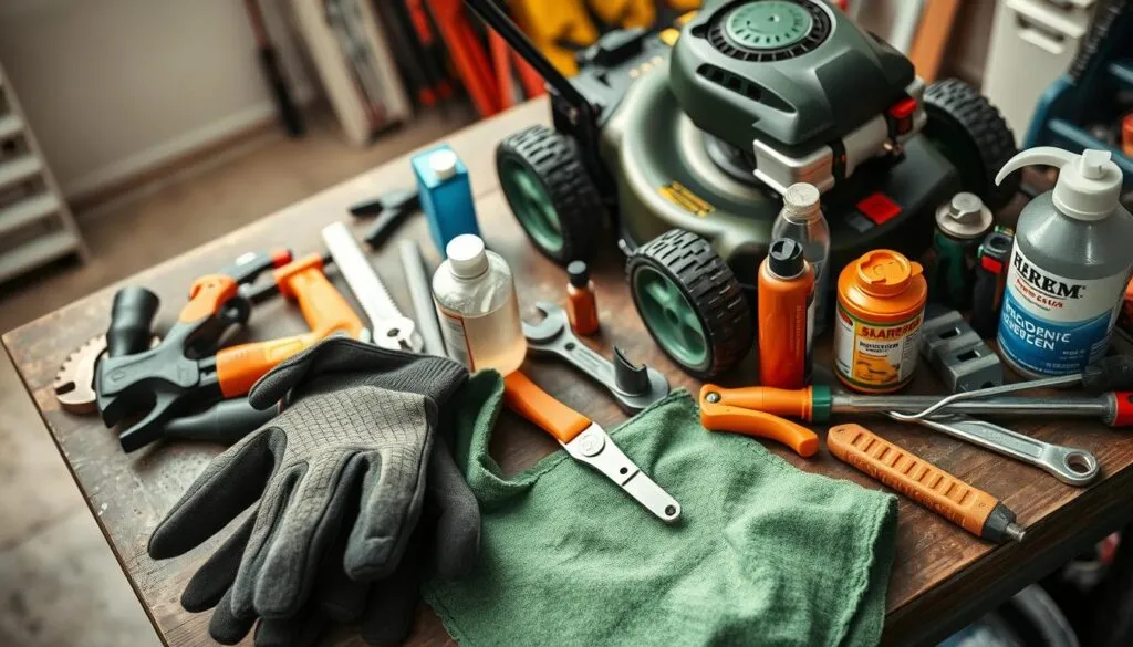 A well-lit, high-angle shot of a neatly organized workbench featuring an array of lawn maintenance tools, including a lawnmower, hedge trimmer, and various wrenches, screwdrivers, and cleaning supplies. In the foreground, a pair of sturdy gardening gloves and a rag are placed alongside the tools, conveying a sense of routine upkeep. The background is blurred, but hints at a tidy garage or workshop space, creating a calm, focused atmosphere for the viewer to envision the process of preventative maintenance and quick fixes for their own lawn equipment. A well-lit, high-angle shot of a neatly organized workbench featuring an array of lawn maintenance tools, including a lawnmower, hedge trimmer, and various wrenches, screwdrivers, and cleaning supplies. In the foreground, a pair of sturdy gardening gloves and a rag are placed alongside the tools, conveying a sense of routine upkeep. The background is blurred, but hints at a tidy garage or workshop space, creating a calm, focused atmosphere for the viewer to envision the process of preventative maintenance and quick fixes for their own lawn equipment.