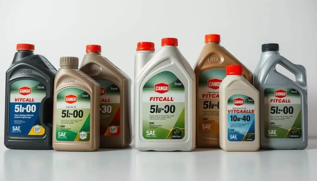 A well-lit, high-quality close-up photograph of different types of motor oil bottles and containers arranged neatly on a clean, plain background. The bottles should display a range of SAE viscosity ratings commonly used for lawn mower engines, such as 10W-30, 5W-30, and 10W-40. The lighting should be soft and diffused to showcase the color and clarity of the oils. The overall composition should have a clean, professional aesthetic suitable for an informative article about lawn mower oil specifications. A well-lit, high-quality close-up photograph of different types of motor oil bottles and containers arranged neatly on a clean, plain background. The bottles should display a range of SAE viscosity ratings commonly used for lawn mower engines, such as 10W-30, 5W-30, and 10W-40. The lighting should be soft and diffused to showcase the color and clarity of the oils. The overall composition should have a clean, professional aesthetic suitable for an informative article about lawn mower oil specifications.