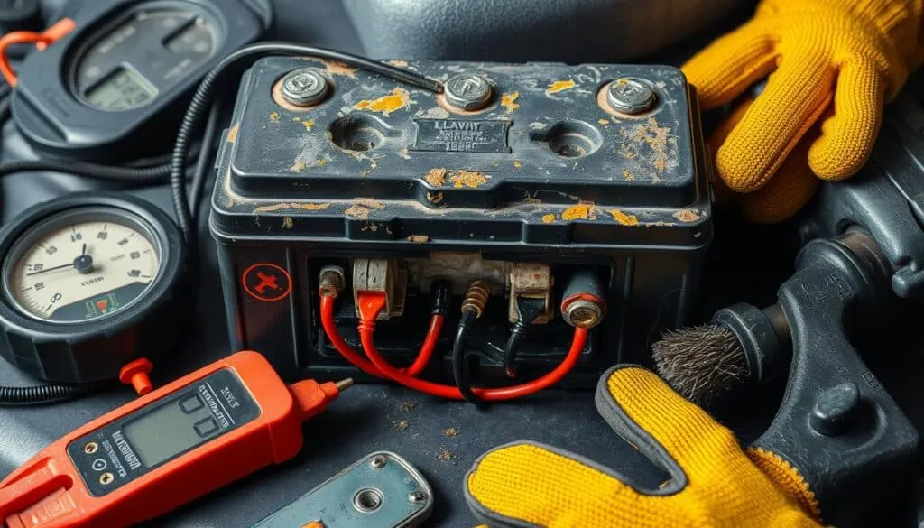 A well-lit, high-resolution close-up shot of a lawn mower battery, its terminals and connections exposed, surrounded by a neatly organized array of maintenance tools such as a voltmeter, wire brush, and protective gloves. The battery's surface shows a slight patina of corrosion, indicating the need for cleaning and care. The image conveys a sense of meticulous attention to detail and the importance of proper battery maintenance for reliable lawn mower performance.