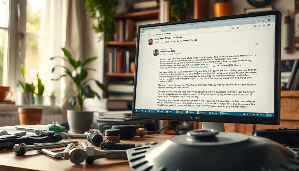 A well-lit, high-resolution image of an online forum discussion thread about lawn mower blade threads, with a focus on the topic of reverse thread bolts. The foreground shows a computer monitor displaying a detailed forum post, with users actively debating the technical aspects of mower blade hardware. The middle ground features various tools and equipment commonly used for lawn mower maintenance, such as wrenches, screwdrivers, and a disassembled mower blade. The background depicts a cozy home office setting, with bookshelves, plants, and a warm, natural lighting that creates a contemplative atmosphere. The overall scene conveys a sense of technical expertise and a community of lawn care enthusiasts engaged in a thoughtful discussion.