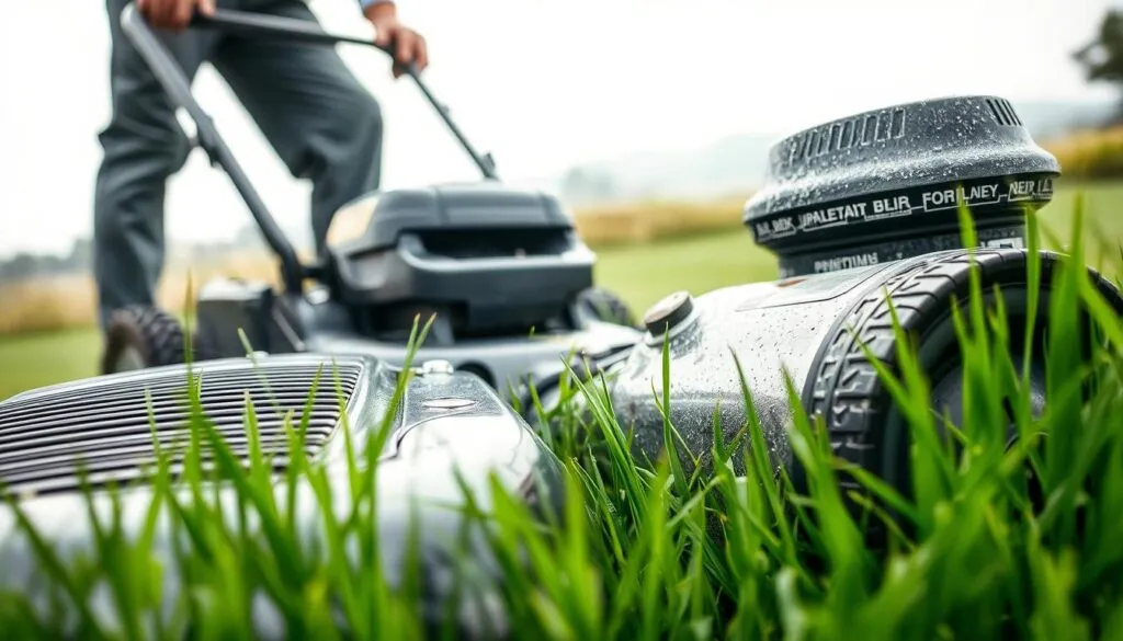 A well-lit, low-angle photograph of a lawn mower operator diligently inspecting the wet grass, their face expressing caution and thoughtfulness. The mower is positioned in the foreground, its metal surfaces gleaming, conveying a sense of precision and care. In the middle ground, lush, verdant grass glistens with dew, while the background features a softly blurred landscape, creating a tranquil, serene atmosphere. The lighting is natural, with subtle shadows and highlights accentuating the mower's form and the operator's attentive posture. The overall scene communicates the importance of safety and responsible lawn care practices, particularly in wet conditions. A well-lit, low-angle photograph of a lawn mower operator diligently inspecting the wet grass, their face expressing caution and thoughtfulness. The mower is positioned in the foreground, its metal surfaces gleaming, conveying a sense of precision and care. In the middle ground, lush, verdant grass glistens with dew, while the background features a softly blurred landscape, creating a tranquil, serene atmosphere. The lighting is natural, with subtle shadows and highlights accentuating the mower's form and the operator's attentive posture. The overall scene communicates the importance of safety and responsible lawn care practices, particularly in wet conditions.