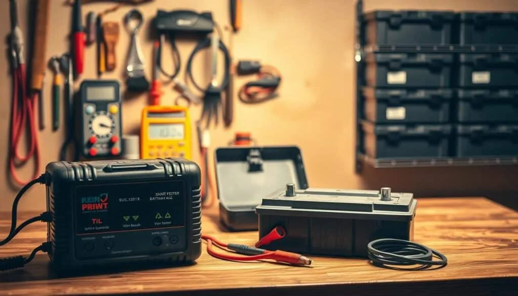A well-lit tabletop scene showcasing the essential items for smart battery charging. In the foreground, a riding mower battery charger with LED indicators and adjustable settings sits atop a wooden surface. Behind it, an array of battery care tools - a multimeter, battery tester, wire brush, and terminal cleaner - are neatly arranged. The middle ground features a riding mower battery in an open case, its terminals exposed. In the background, a wall-mounted battery storage rack holds additional batteries in an orderly fashion. The lighting is warm and natural, creating a sense of functionality and organization. The overall composition conveys the importance of proper battery maintenance and smart charging practices for riding mowers.