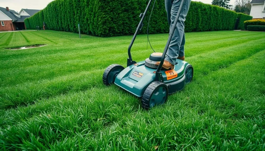 A well-lit, wide-angle photograph of a person mowing a lush, verdant lawn on an overcast day after recent rain. The grass glistens with moisture, and the mower's wheels leave behind distinct tracks in the damp turf. The person, dressed in sturdy workwear, maintains a safe distance from the mower's blades, demonstrating proper mowing techniques for wet conditions. The background features a neatly trimmed hedge and a few scattered puddles, conveying the challenges of mowing in wet weather. The overall scene evokes a sense of caution and responsible lawn care.