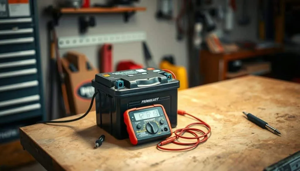A well-lit workbench with a lawn mower battery and a multimeter at the center. The battery is positioned prominently, with the multimeter probes making contact to measure the voltage. The background has a neutral tone, with just enough details to suggest a professional workshop setting. Soft shadows and highlights create depth and emphasize the technical nature of the scene. The overall mood is one of precision and focus, reflecting the importance of proper battery maintenance for optimal lawn mower performance.