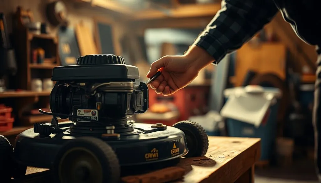 A well-lit workshop interior, with a sturdy wooden workbench in the foreground. On the bench, a lawn mower engine sits open, revealing the oil dipstick. A mechanic's hand carefully checks the oil level, with a focused expression. Soft shadows and warm lighting create an atmosphere of diligent maintenance. The background is blurred, emphasizing the task at hand. The scene conveys the importance of proper lawn mower care and the attention to detail required.
