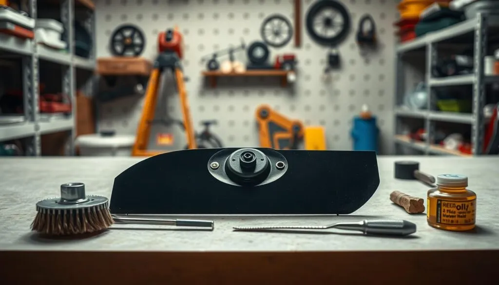 A well-lit workshop setting, with a mower blade positioned prominently on a clean workbench. The blade is surrounded by various maintenance tools, including a sharpening file, a wire brush, and a small container of oil. The lighting is soft and diffused, creating a sense of focus and attention to detail. In the background, shelves hold other mower parts and accessories, hinting at the broader context of lawn care and maintenance. The overall composition conveys a sense of care, expertise, and the importance of proper blade maintenance for optimal lawn performance. A well-lit workshop setting, with a mower blade positioned prominently on a clean workbench. The blade is surrounded by various maintenance tools, including a sharpening file, a wire brush, and a small container of oil. The lighting is soft and diffused, creating a sense of focus and attention to detail. In the background, shelves hold other mower parts and accessories, hinting at the broader context of lawn care and maintenance. The overall composition conveys a sense of care, expertise, and the importance of proper blade maintenance for optimal lawn performance.