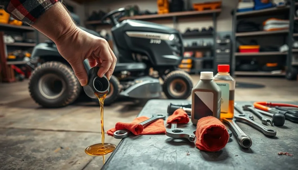 A well-lit workshop setting with a riding lawn mower parked on a concrete floor. In the foreground, a mechanic's hands are opening the oil drain plug, allowing used oil to pour into a catch pan. The middle ground features an array of tools - wrenches, rags, and a new bottle of oil - neatly arranged on a workbench. Soft shadows cast by the overhead lighting create a sense of depth and focus on the detailed process. The background shows shelves stocked with lawn mower parts, creating a professional, automotive repair shop atmosphere. The overall scene conveys a step-by-step visual guide for changing lawn mower oil.