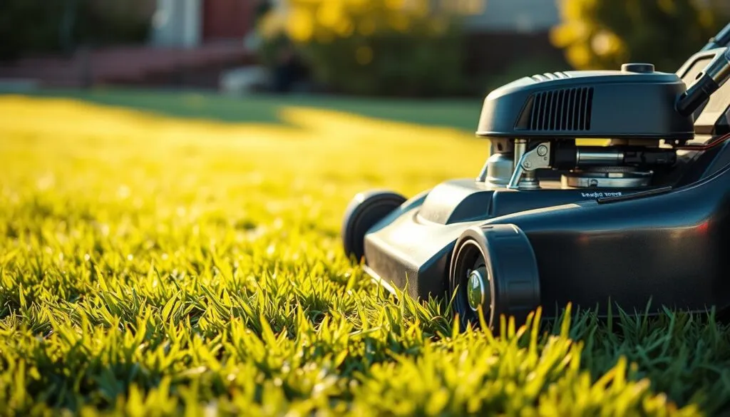 A well-maintained lawn mower, its chrome-plated blades gleaming in the warm afternoon sun, sits poised on a lush, verdant lawn. The mower's sleek, modern design evokes a sense of efficiency and precision, ready to tackle the first mowing of the newly laid sod. The background is softly blurred, allowing the lawn mower to take center stage, highlighting its importance in the task at hand. Subtle shadows cast by the mower create a sense of depth and dimension, while the overall lighting creates a welcoming, inviting atmosphere, perfect for the 