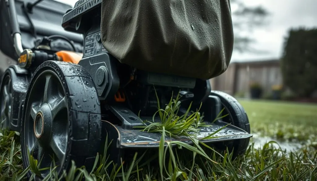A well-maintained lawn mower operating in a rain-soaked backyard. Close-up view of the mower's undercarriage, blades, and grass collection bag, wet with droplets. Overcast lighting casts a somber, moody atmosphere. The mower is positioned at a slight angle, hinting at the challenges of mowing in wet conditions. Detailed textures of the mower's metal components and the damp grass clippings convey the messy reality of the task. The background is blurred, drawing the viewer's attention to the critical mechanics of the lawn mower's inner workings.