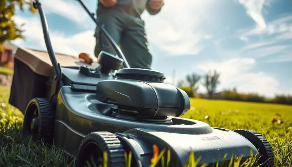 A well-maintained lawn mower stands ready on a lush, verdant lawn. Sunlight filters through wispy clouds, casting a gentle, natural glow. In the foreground, the mower's metal deck and sharp blades gleam, their edges honed to perfection. The air is filled with the fresh scent of freshly cut grass. The mower's fuel tank is topped up, and the air filter has been recently serviced. The operator, clad in a comfortable, protective outfit, inspects the mower, ensuring it is prepared to efficiently mulch the fallen leaves across the neatly trimmed lawn. The scene exudes a sense of order, preparedness, and a commitment to maintaining a healthy, vibrant outdoor space.