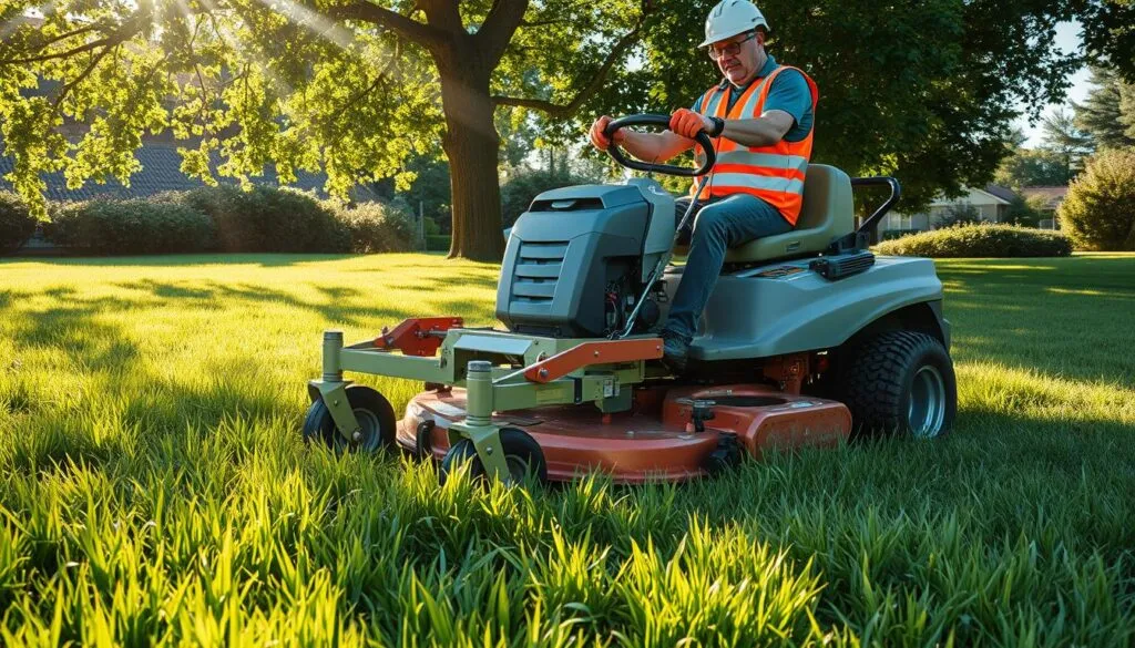 A well-manicured lawn with lush, verdant grass under a bright, sun-dappled sky. In the center, a powerful lawn mower, its metal chassis gleaming, cutting through the damp blades with ease. The operator, clad in a safety vest and gloves, expertly navigates the mower, maintaining control and stability even on the slightly uneven terrain. The mower's sharp blades spin with precision, leaving a neatly trimmed path in its wake. Rays of sunlight filter through the leaves of nearby trees, casting a warm, natural glow over the scene, highlighting the mower's performance and the operator's attentiveness to safety protocols.