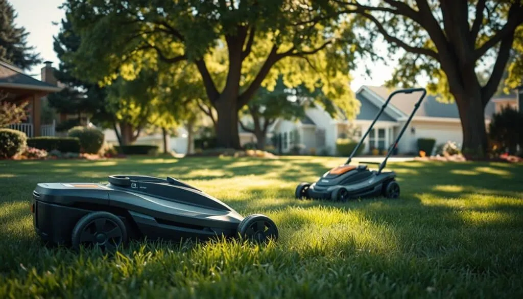 A well-manicured suburban lawn on a sunny afternoon, with a pair of modern, whisper-quiet electric lawn mowers gliding silently across the lush, verdant grass. The mowers feature streamlined, ergonomic designs with minimal noise output, allowing the homeowner to maintain their yard without disturbing the tranquility of the neighborhood. Soft, dappled sunlight filters through the canopy of mature trees, casting gentle shadows across the scene. The atmosphere is one of peaceful coexistence, where the homeowner's lawn care tasks seamlessly integrate with the serene ambiance of the residential setting.