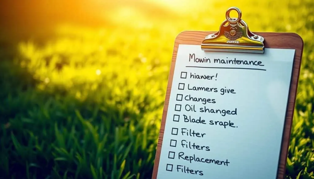 A well-organized lawn maintenance schedule displayed on a wooden clipboard, bathed in warm, natural lighting. The clipboard features neatly handwritten notes on mowing, oil changes, blade sharpening, and filter replacements, with checkboxes to track completed tasks. In the background, a freshly mowed lawn with lush, vibrant grass sets the scene, conveying a sense of order and diligence in lawn care. The overall mood is one of efficiency and attention to detail, reflecting the importance of regular maintenance for prolonging the engine life of a lawn mower.