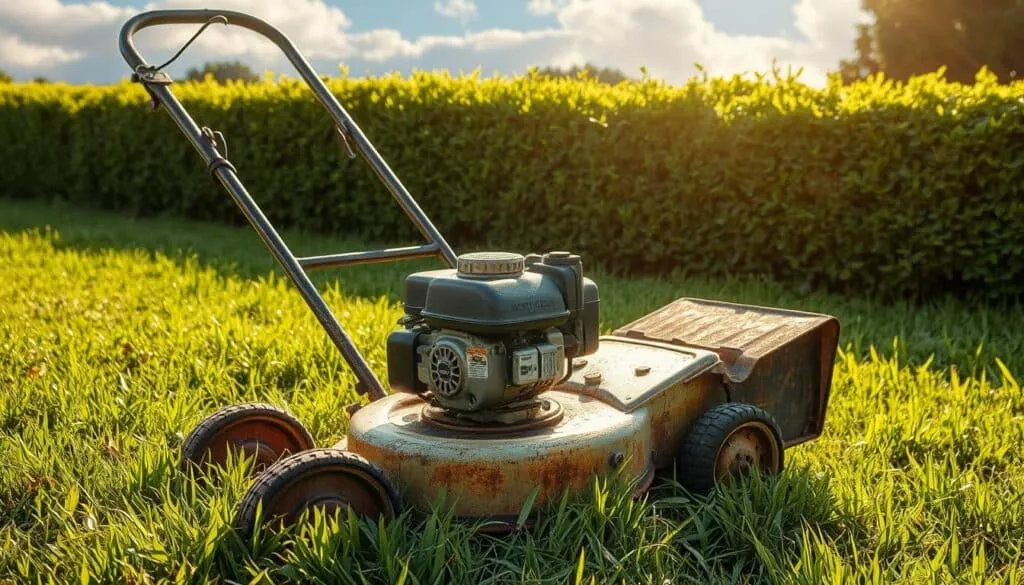 A well-worn, gas-powered push mower rests on a lush, verdant lawn, its once-vibrant paint faded from years of hard work. The mower's sturdy frame and rusting blades suggest a storied lifespan, a testament to the resilience of this humble machine. Sunlight filters through wispy clouds, casting a warm, mellow glow on the scene, hinting at the countless hours of dedicated service the mower has provided. In the background, a neatly trimmed hedge frames the composition, adding a touch of order to the rustic setting. The overall impression conveys the enduring nature of a push mower's lifespan, a reliable companion in the pursuit of a well-manicured lawn.