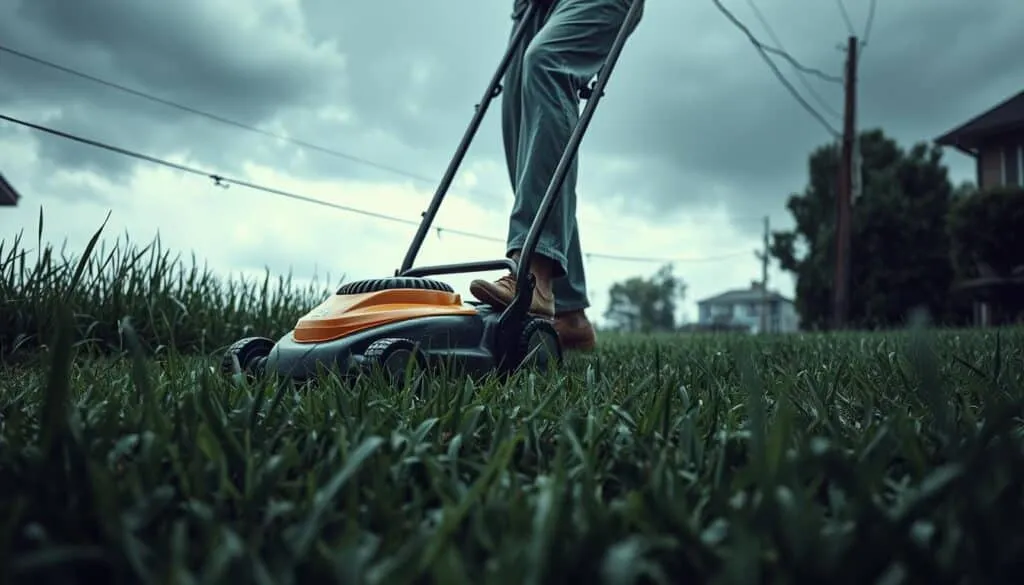 A wet lawn with tall, slick grass is the setting. In the foreground, an unaware person operating a push mower, their feet slipping dangerously on the saturated ground. Midground, electrical cords snaking across the damp grass, posing an electrocution risk. In the background, rain clouds loom, hinting at the storm to come. Muted, overcast lighting casts an ominous tone. The scene conveys the hazardous conditions of mowing after rainfall - compromised footing, electrical dangers, and the threat of worsening weather, all of which could lead to serious injury.