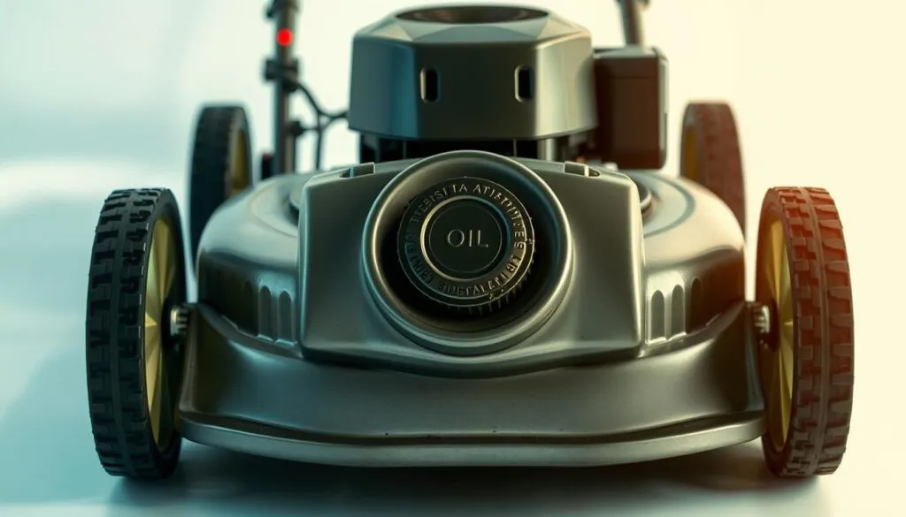 An industrial-style push mower, its metallic chassis gleaming under soft, natural lighting. The mower's oil fill cap is prominently displayed, inviting the viewer to examine its capacity. The mower is set against a clean, uncluttered backdrop, allowing the subject to be the sole focus. The composition emphasizes the mower's functional design and the importance of proper oil maintenance. The overall mood is one of informative simplicity, reflecting the subject matter of the article.