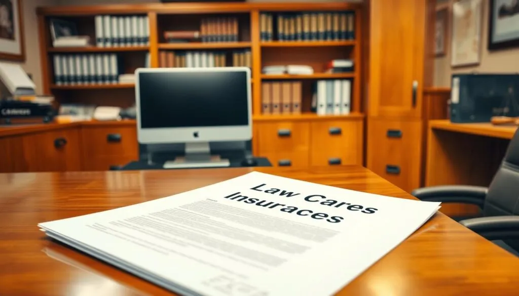 Detailed office interior with wooden desk, computer, and filing cabinets. Warm lighting illuminates a neatly organized space, with a large insurance policy document visible on the desk. The policy cover features a prominent Detailed office interior with wooden desk, computer, and filing cabinets. Warm lighting illuminates a neatly organized space, with a large insurance policy document visible on the desk. The policy cover features a prominent