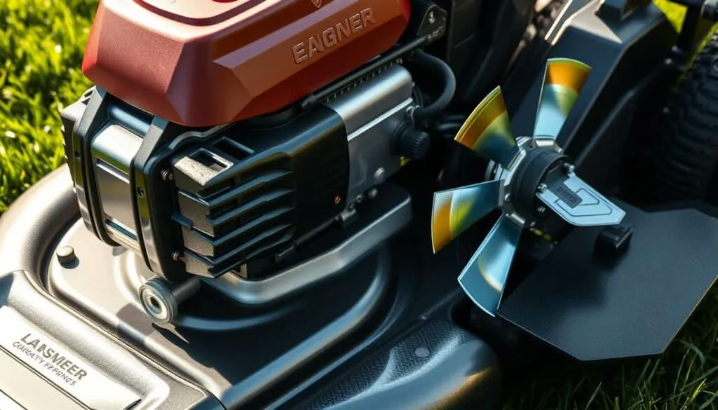 Detailed, technical rendering of a powerful lawn mower engine and cutting deck features. The engine is prominently displayed, its intricate components and metallic texture clearly visible under crisp lighting. The cutting deck extends from the side, its blades gleaming as they spin, radiating a sense of efficiency and precision. The composition emphasizes the engineering prowess and robust capabilities of the mower, capturing its potential to deliver an optimal mowing experience. Subtle hints of the surrounding environment, such as a lush green lawn, provide context without distracting from the main subject. The overall mood is one of purposeful utility, highlighting the mower's ability to maximize mowing productivity.