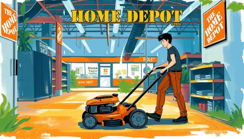Image of a person renting a lawn mower at a Home Depot store