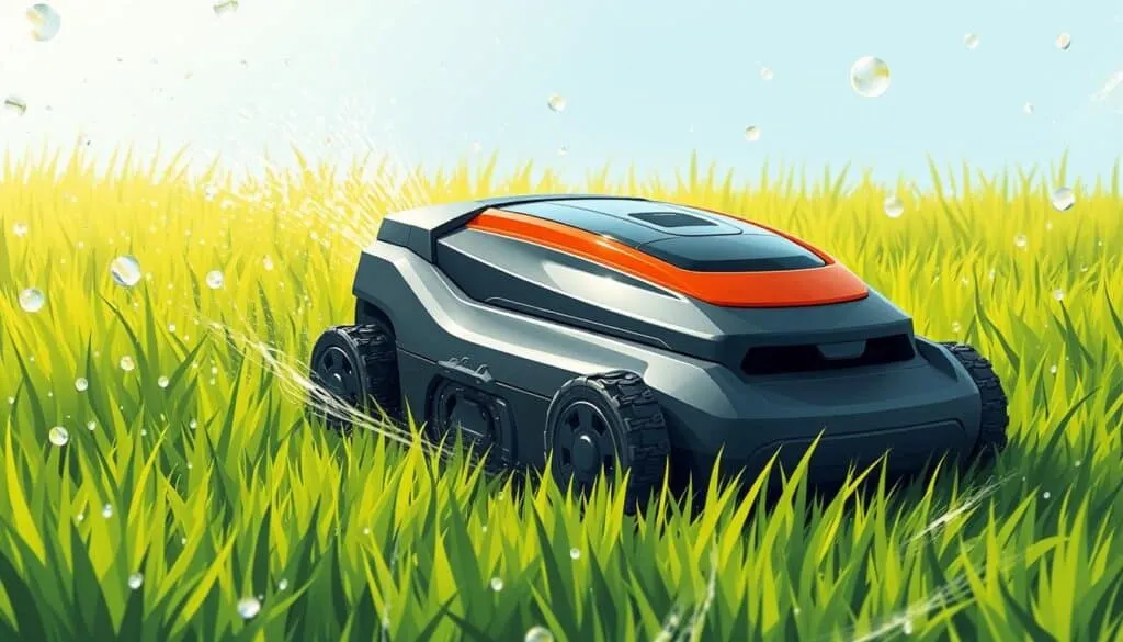 Image of a robotic mower on a wet lawn