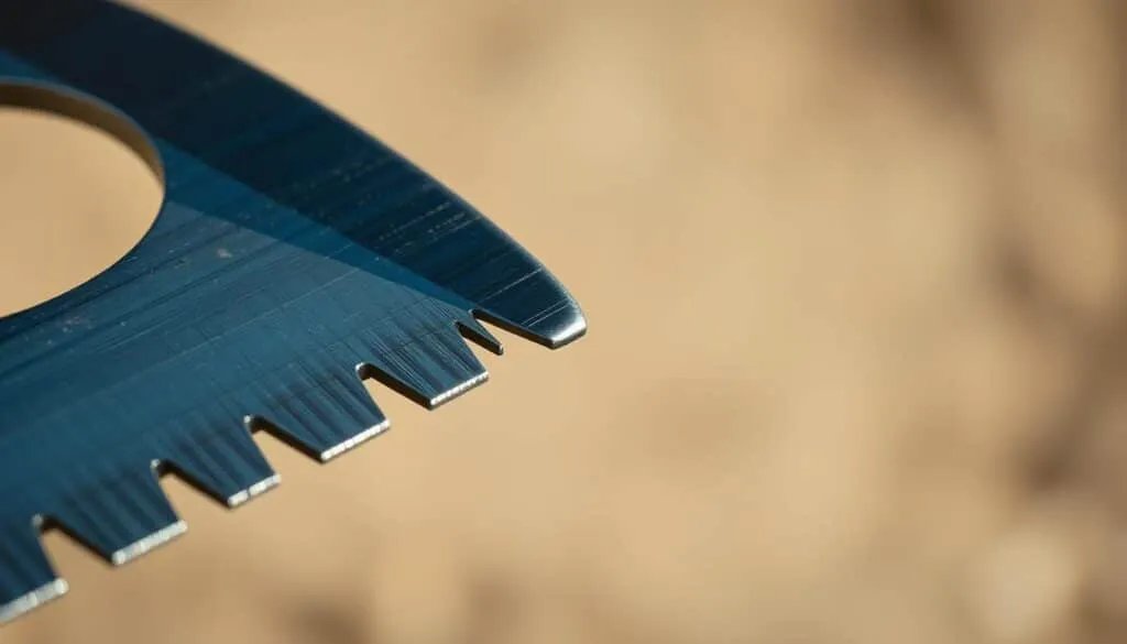 Mower blade cutting edge, close-up view under natural lighting. Razor-sharp steel blade with visible serrated teeth and beveled cutting edge. Metallic sheen and texture captured in high detail, highlighting the blade's precision and durability. Neutral background blurred to emphasize the blade's central focus. Crisp, high-contrast image that conveys the blade's functional purpose and quality. Slight depth of field to showcase the blade's keen cutting edge. Overall, a technical, high-quality visual representation of a freshly sharpened mower blade.