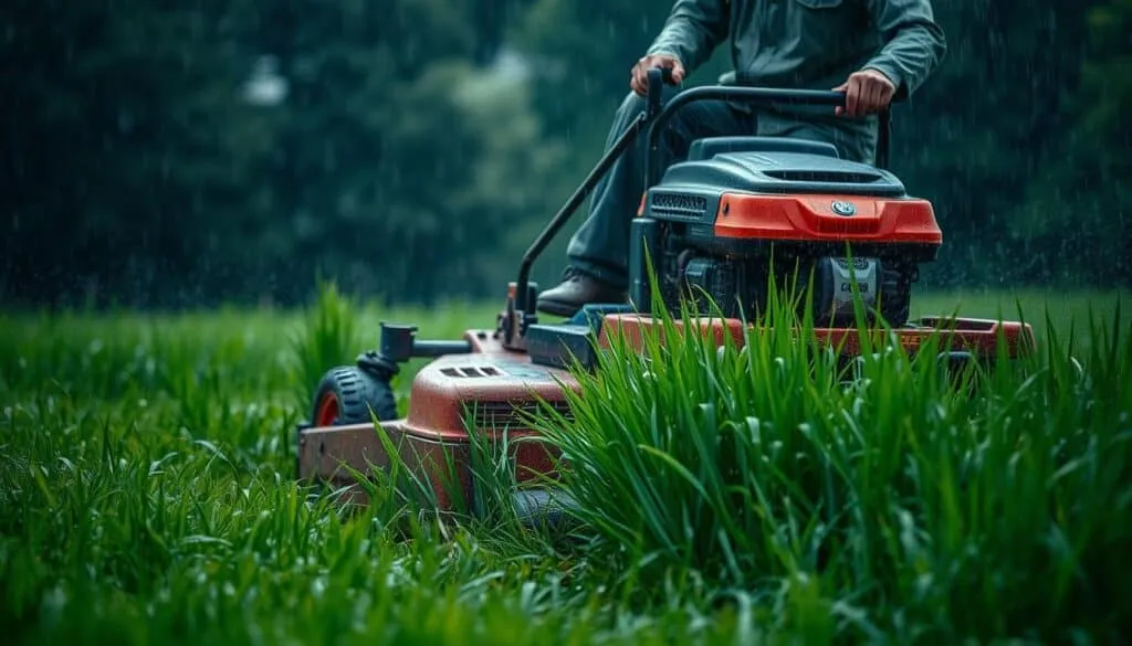 Mowing wet grass, raindrops glistening on the freshly cut blades. A sturdy lawn mower cutting through the damp vegetation, its engine's hum echoing across the lush, verdant landscape. The operator, clad in a rain jacket, navigates the uneven terrain with focused determination, guiding the machine with precision. Soft, diffused lighting illuminates the scene, creating a sense of tranquility amidst the light rain. The background is blurred, emphasizing the centrality of the mowing task at hand. A serene and atmospheric moment, capturing the essence of tackling yard work during inclement weather.