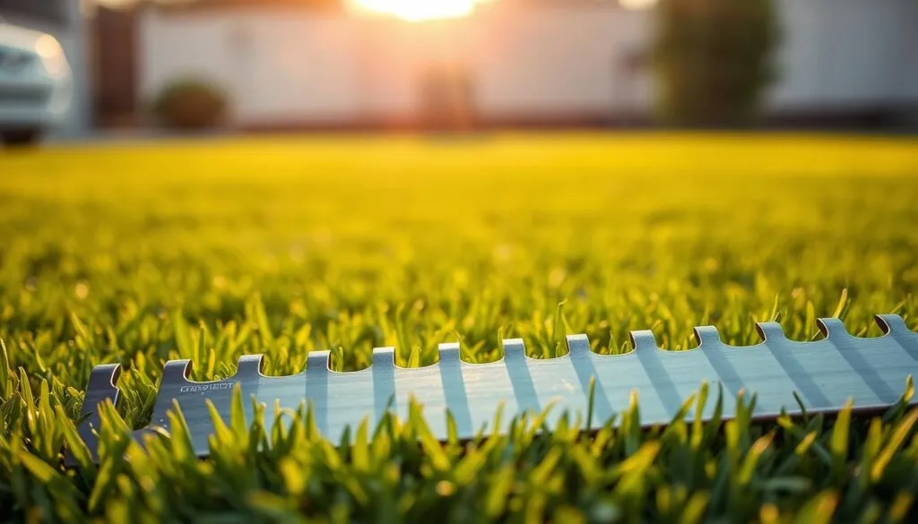 Sharply honed mower blades, their metallic edges glistening under warm, directional lighting. The blades are positioned in the foreground, their serrated profile casting crisp shadows on a freshly laid sod lawn that stretches into the middle ground. The background is softly blurred, allowing the viewer to focus on the essential preparation tools required for maintaining pristine new turf. The overall scene conveys a sense of precision, care, and the importance of proper mowing techniques to ensure the healthy growth of the recently installed sod.
