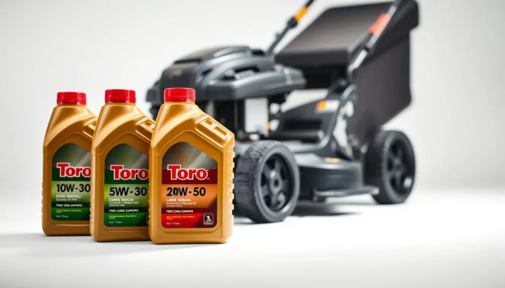 Toro lawn mower oil viscosity types displayed on a clean, white background. In the foreground, three bottles of Toro engine oil, each with a different viscosity rating - 10W-30, 5W-30, and 20W-50. The bottles are positioned at a slight angle, creating a sense of depth. In the middle ground, a Toro lawn mower is shown, highlighting the importance of using the right oil type. The mower is partially visible, with a focus on the engine compartment. Soft, directional lighting casts subtle shadows, emphasizing the textures and details of the products. The overall mood is one of informative clarity, guiding the viewer to understand the proper oil viscosity for their Toro lawn mower.
